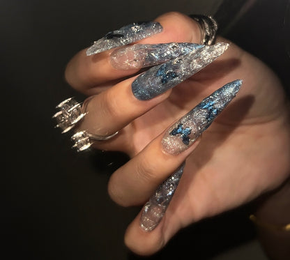 高级猫眼蓝色立体蝴蝶改钻美甲