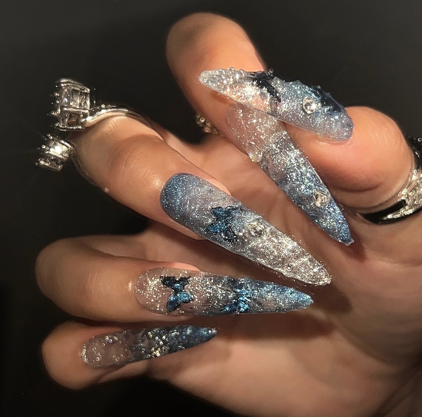 高级猫眼蓝色立体蝴蝶改钻美甲