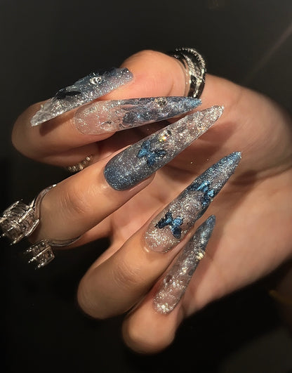 高级猫眼蓝色立体蝴蝶改钻美甲