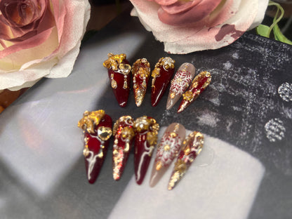 高级贵气手绘带钻美甲片 | Hand-Painted Crystal Luxury Press-On Nails