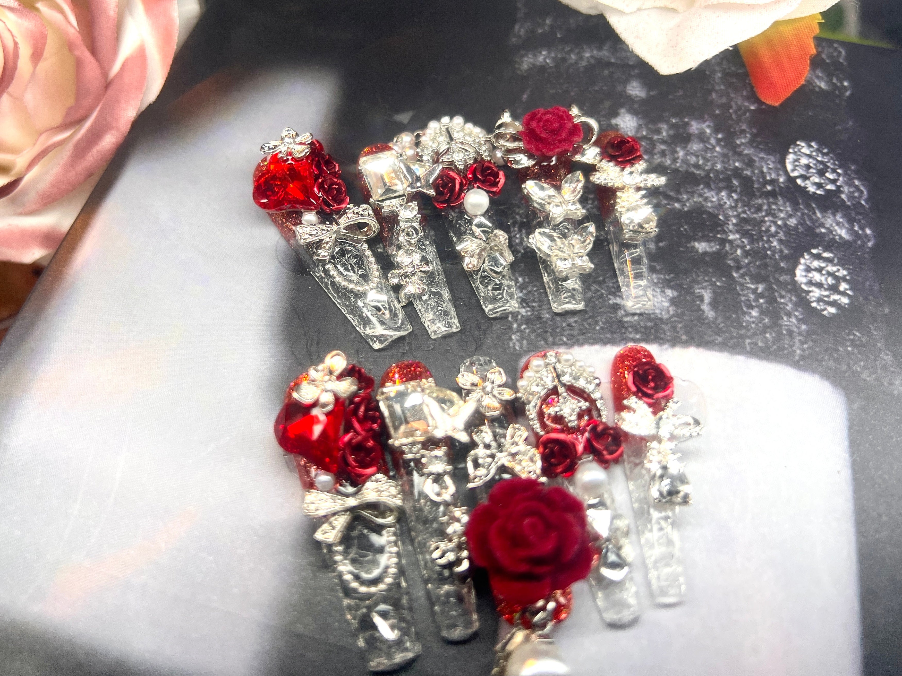 高级玫瑰半透明美甲片 | Sheer Rose Luxury Press-On Nails