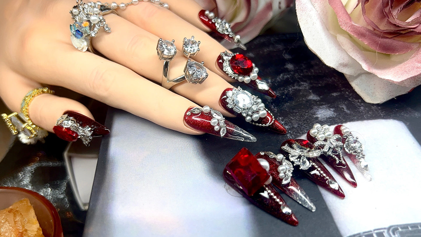红色珍珠高级感美甲片 | Red Pearl Luxury Press-On Nails