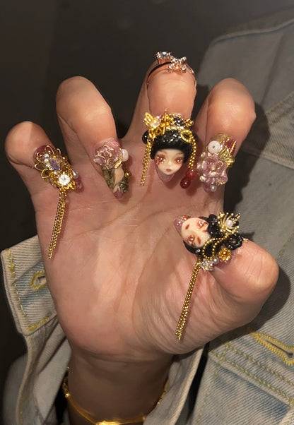 手绘高级流苏娃娃头美甲贴片